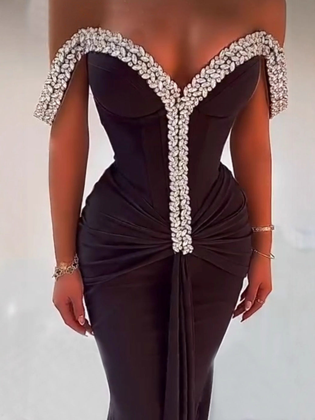 Black Off-The-Shoulder Crystal Beaded Mermaid Evening Gown