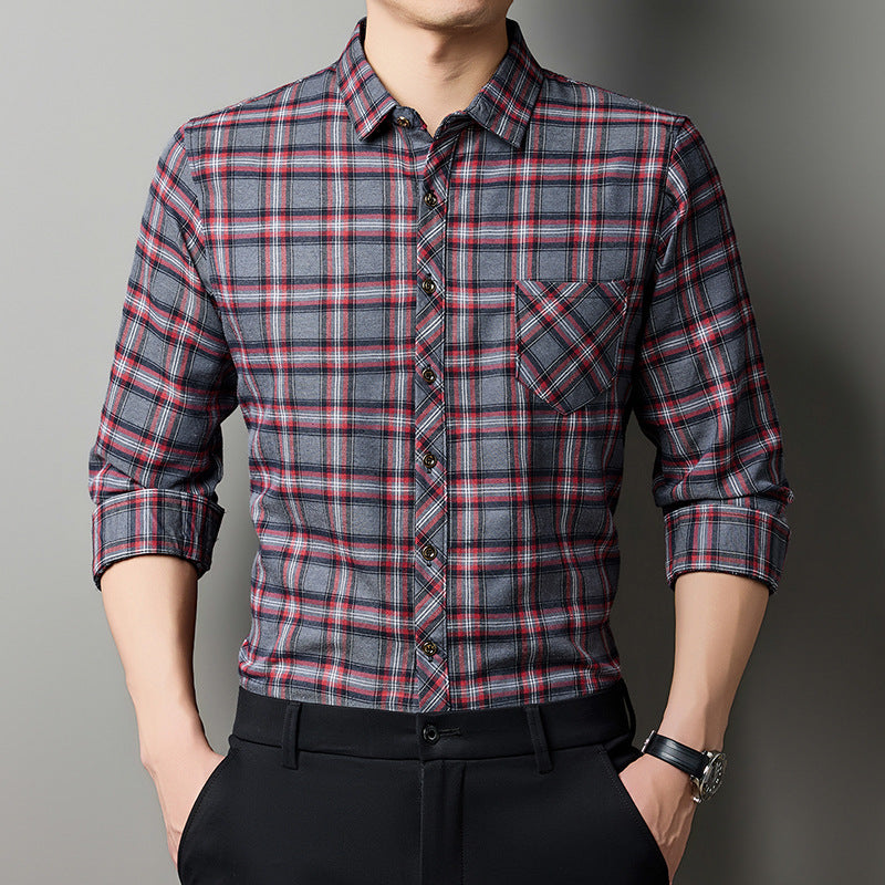 Breathable Fashionable Plaid Long-sleeve Printed Shirt For Middle-aged Men