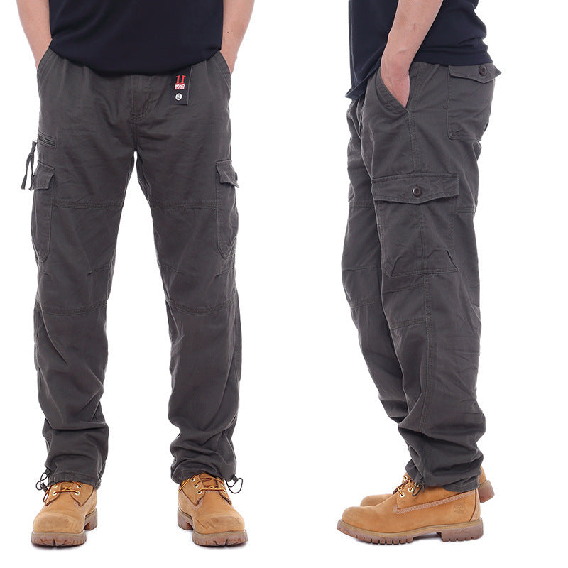 Men's Casual Cotton Work Pants With Elastic Waist, Large Size, Multi-Pocket, Loose Fit, Long Pants For Construction Site