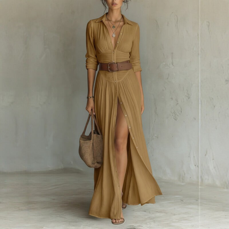 Women's Casual V-Neck Long Dress with High Side Split - Versatile Loose Fit Maxi Gown for Daily Wear