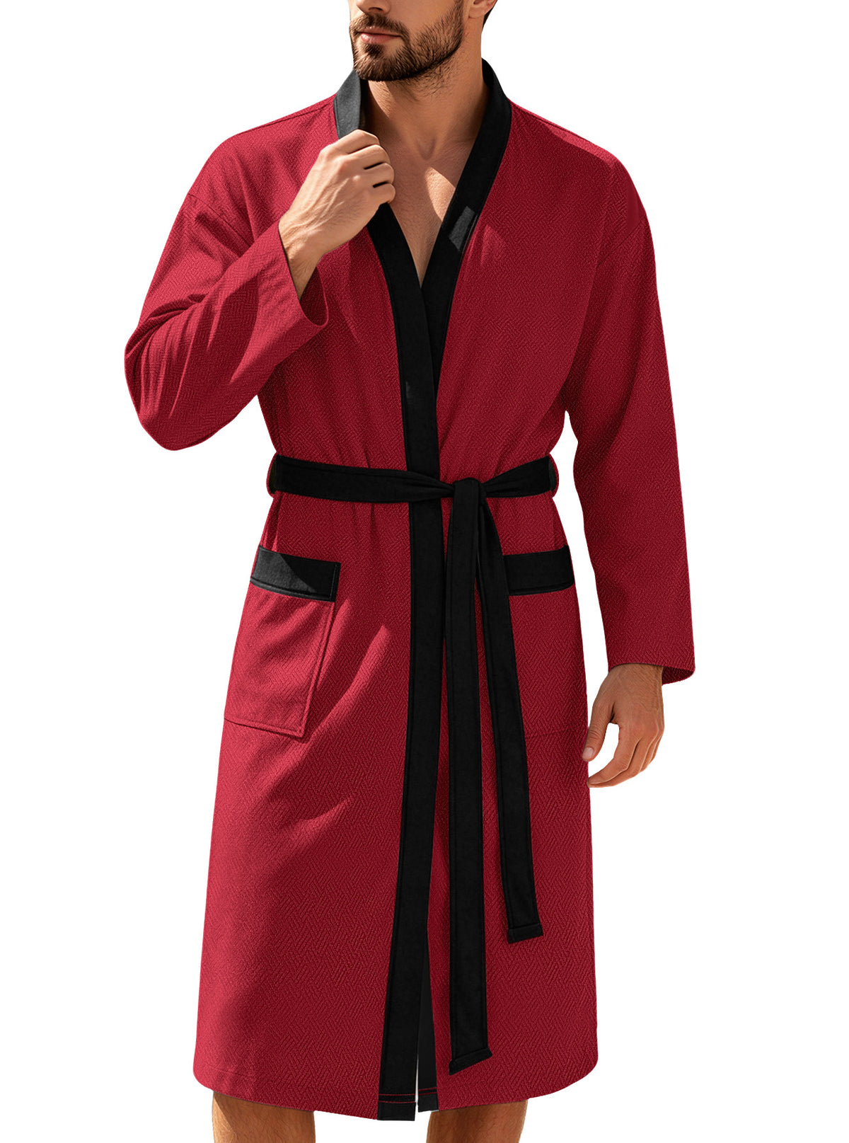 Mens Twill Terry Cloth Casual Long Robe With Two Pockets And Drawstring Tie