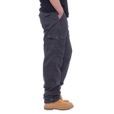 Men's Casual Cotton Work Pants With Elastic Waist, Large Size, Multi-Pocket, Loose Fit, Long Pants For Construction Site