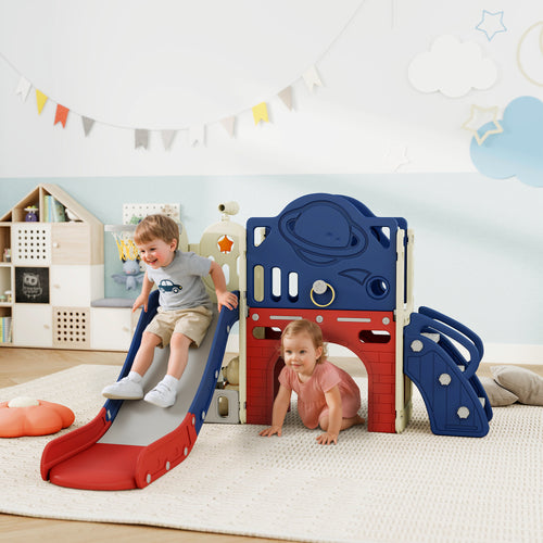 8-in-1 Toddler Slide Set with Basketball Hoop, Indoor Outdoor Playground Playset for Kids, Blue