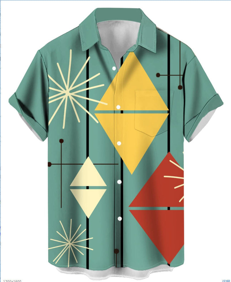 Short-sleeved Lapel-printed Loose-fitting Casual Shirt