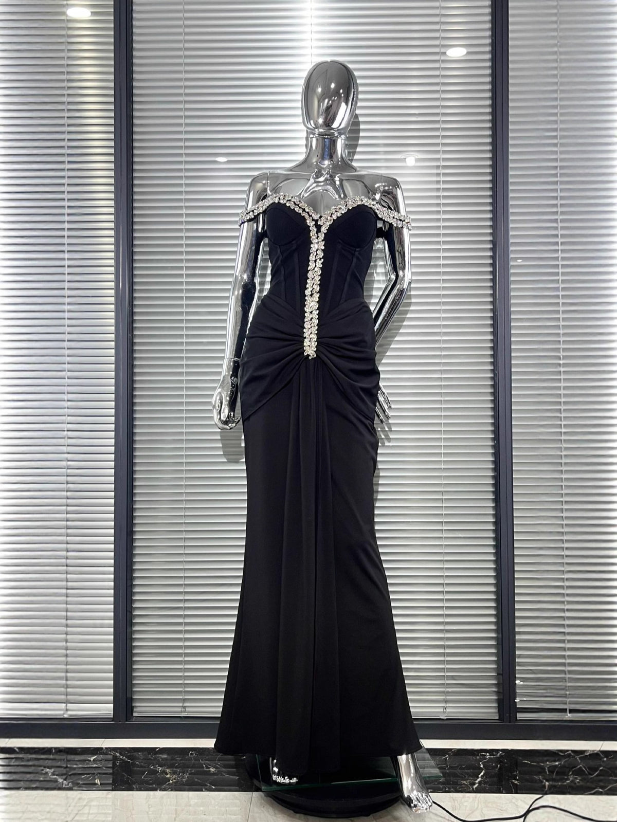 Black Off-The-Shoulder Crystal Beaded Mermaid Evening Gown