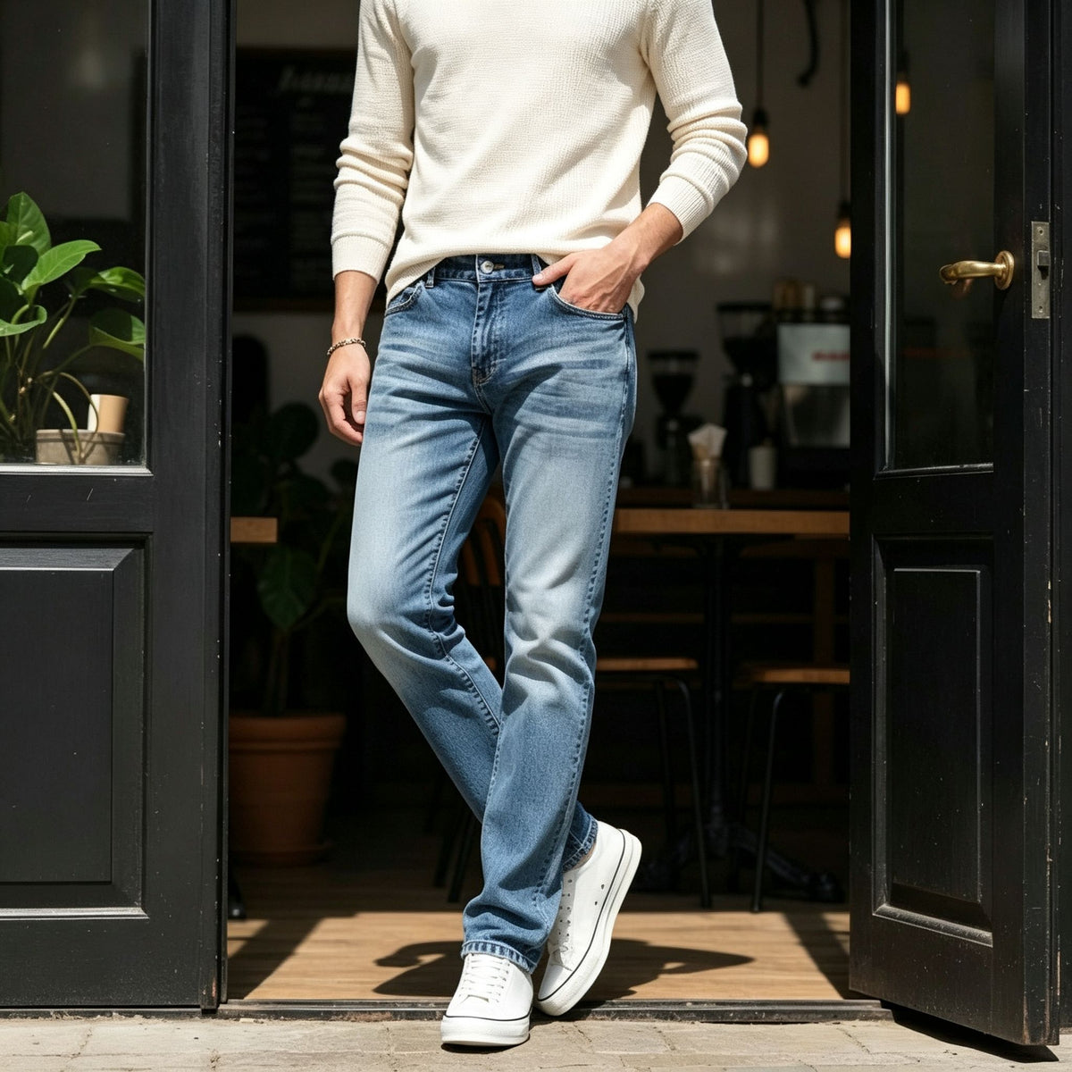 Snow Wash Fleece Lined Jeans Men Light Blue Straight Denim Pants Winter Warm US Local Inventory
