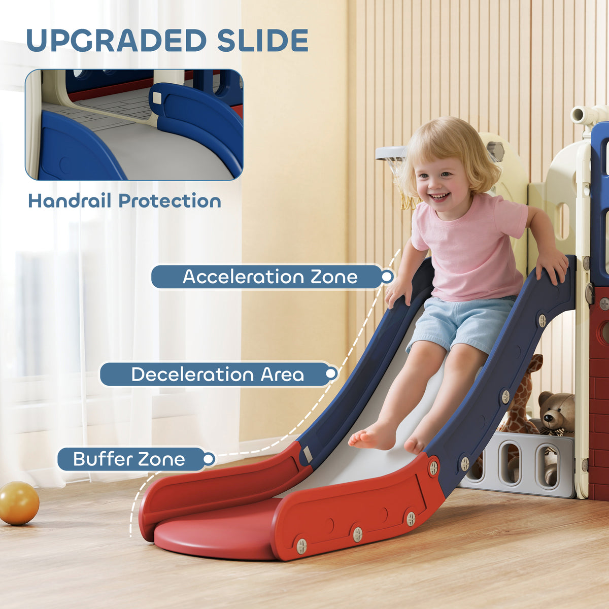 8-in-1 Toddler Slide Set with Basketball Hoop, Indoor Outdoor Playground Playset for Kids, Blue