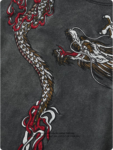 Mens Loose-Fit Sweatshirt With Dragon Embroidery And Round Neck