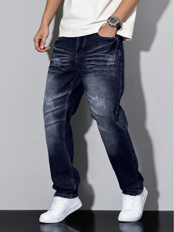 Dark Blue Fleece Lined Jeans Men Whisker Washed Straight Denim Pants Fast US Fulfillment