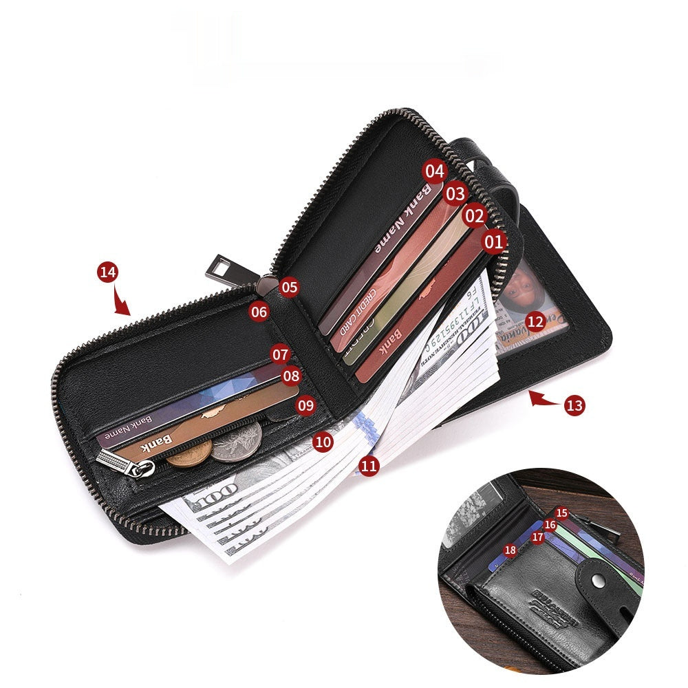 Genuine Leather Mens Multifunctional Short Zipper Wallet