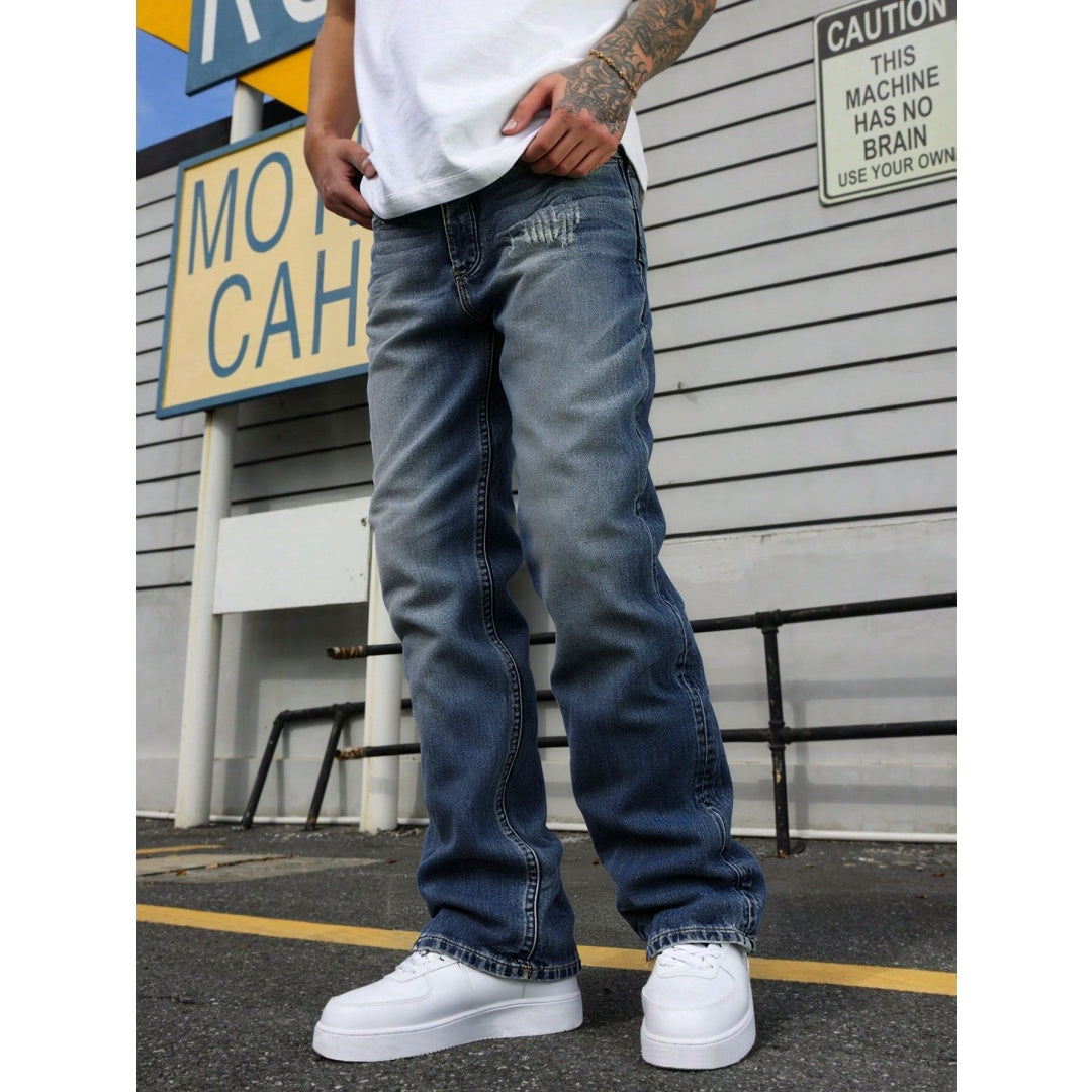 Big And Tall Men's Jeans Relaxed Straight Leg Vintage Blue Washed Plus Size Denim Pants US Warehouse