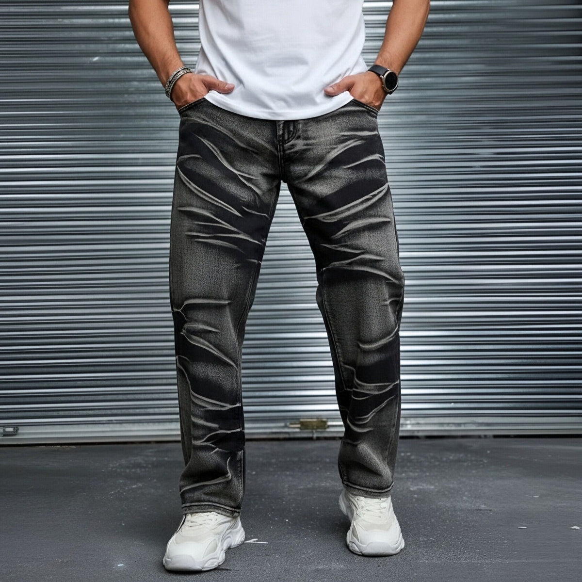 Fleece Lined Baggy Jeans Men Black Grey Whisker Wash Warm Winter Denim US Warehouse Stock