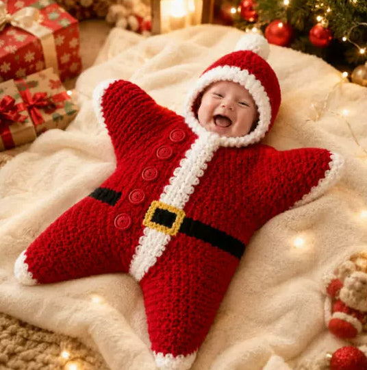 Crocheted Star-shaped Bodysuit Starfish Baby Sleeping Bag Newborn Baby Boy Girl Kids Cartoon Hooded Romper Jumpsuit Bodysuit Clothes Outfits Long Sleeve Playsuit Toddler One Piece Outfit