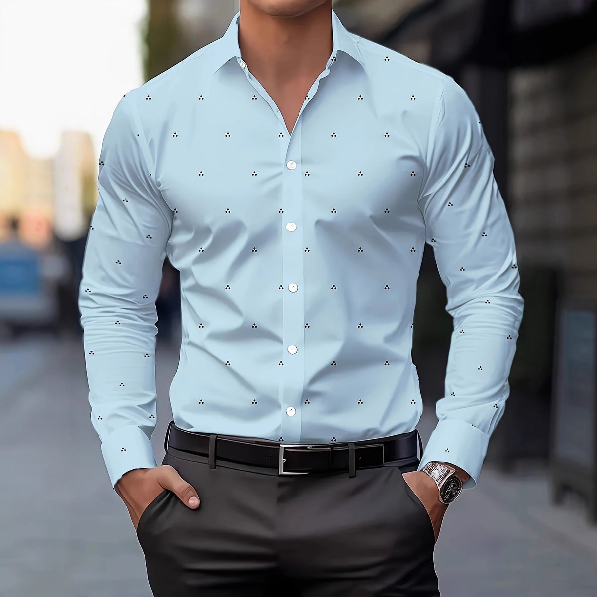 Mens Printed Polka-Dot Long-Sleeve Shirt