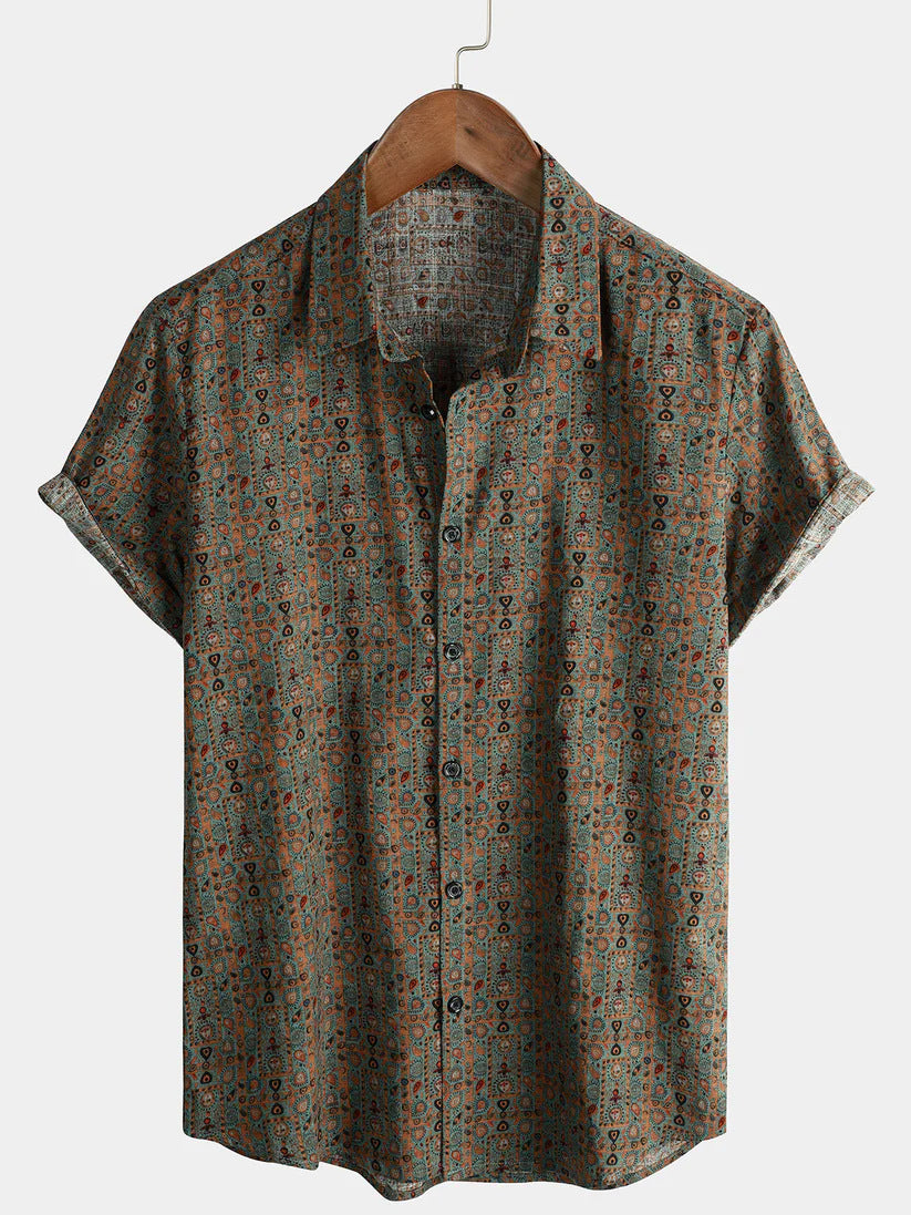 Short-sleeved Lapel-printed Loose-fitting Casual Shirt