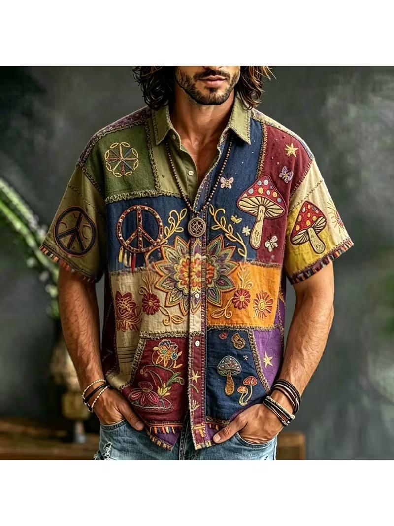 Retro Men's Color-block Short-sleeve Shirt