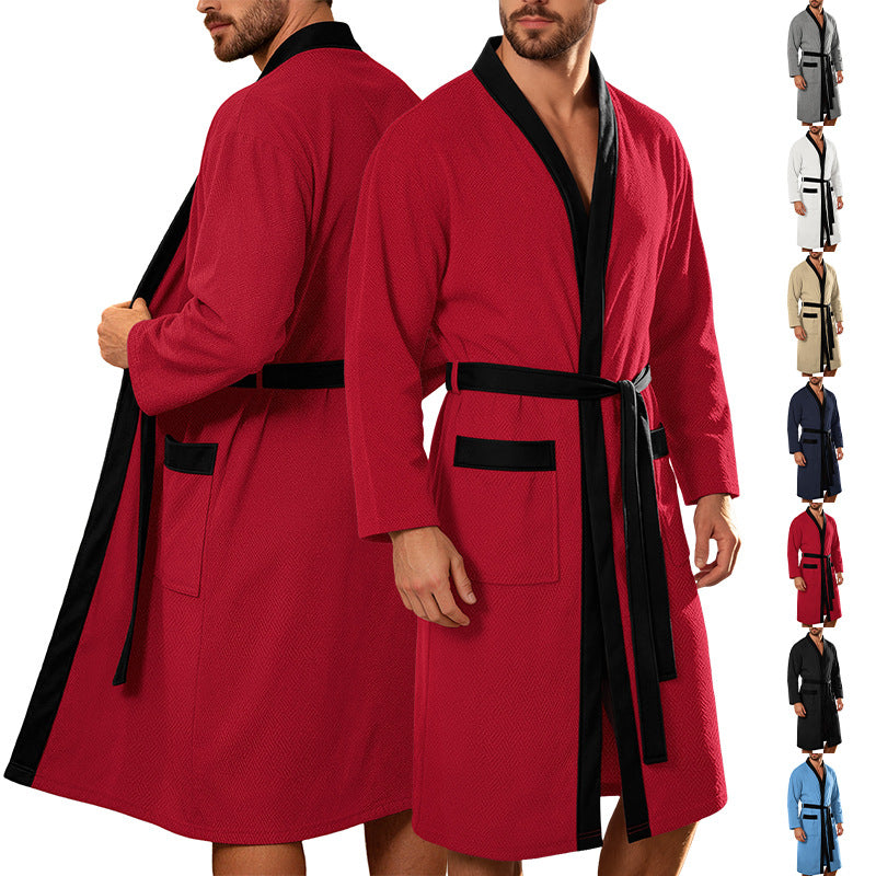 Mens Twill Terry Cloth Casual Long Robe With Two Pockets And Drawstring Tie
