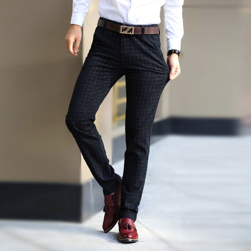 Straight trousers for men - Plaid cotton and linen