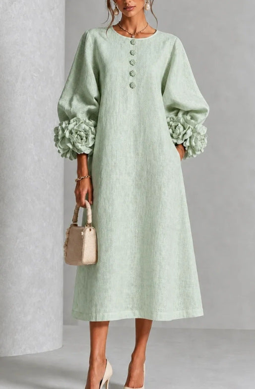 Three-dimensional Floral Dress With Puff Sleeves French-style A-line Party Wedding Dresses Women's Clothing
