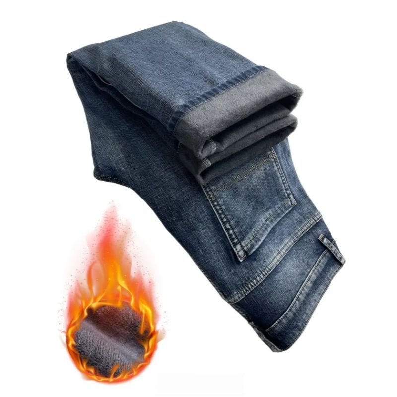 Winter Jeans Men Fleece Lined Blue Grey Relaxed Straight Denim Pants USA Warehouse Stock