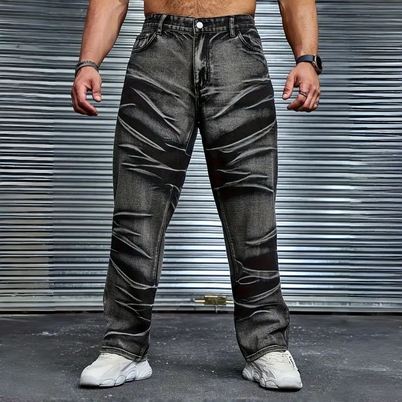 Fleece Lined Baggy Jeans Men Black Grey Whisker Wash Warm Winter Denim US Warehouse Stock