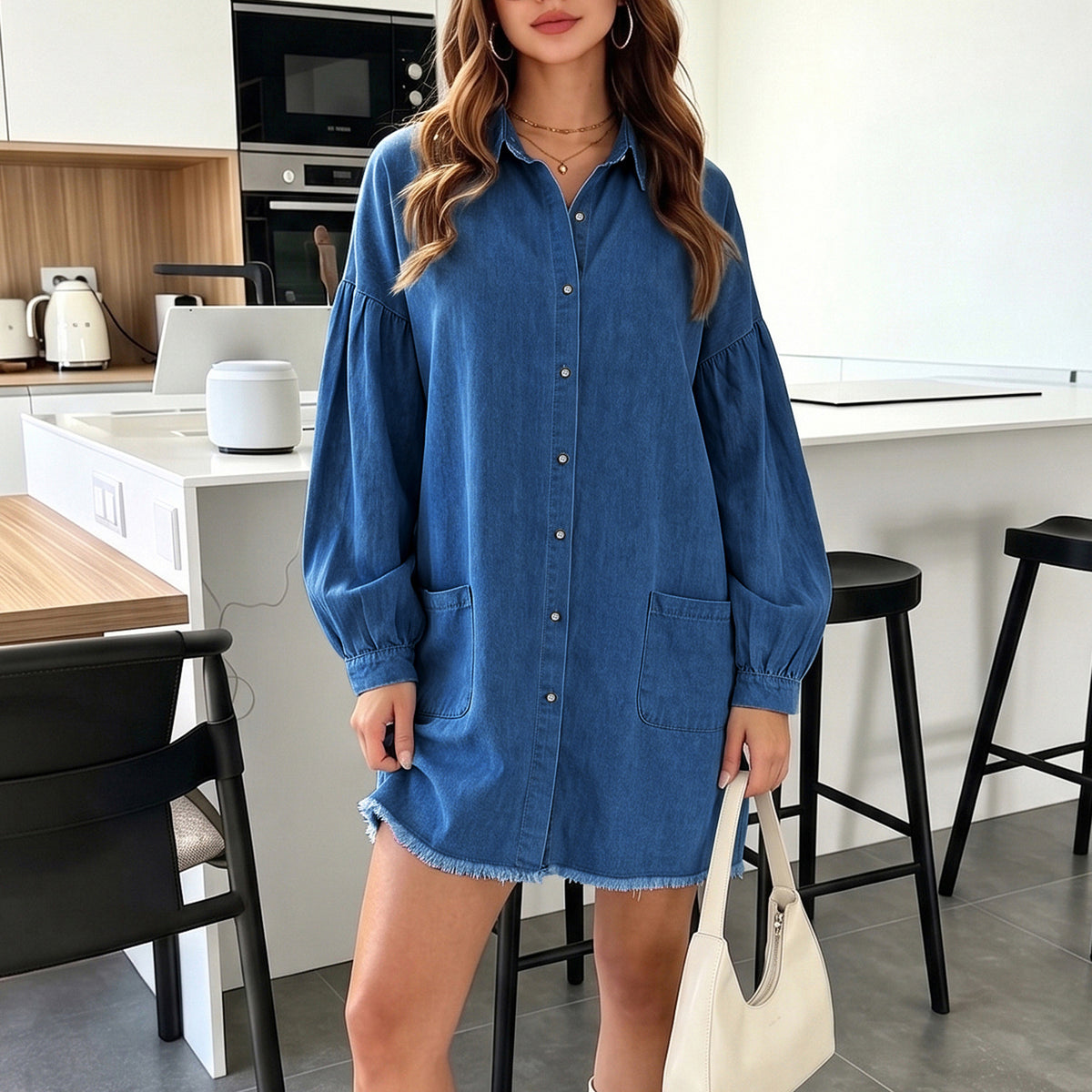 Turn-down Collar Lantern Long Sleeves Single-breasted Relaxed-fit Midi Denim Dress