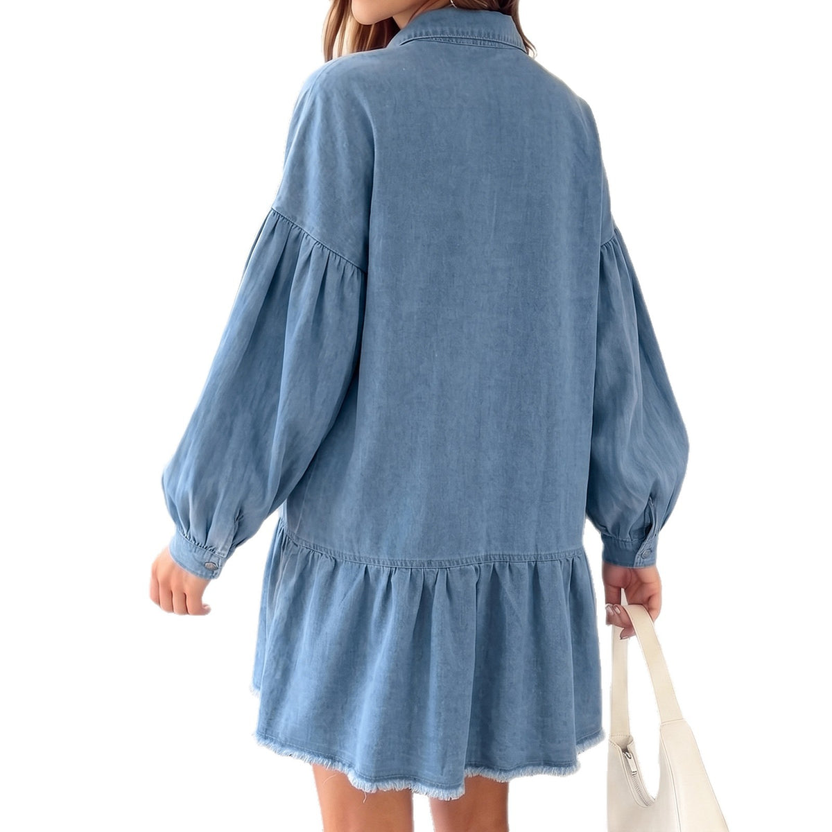Turn-down Collar Lantern Long Sleeves Single-breasted Relaxed-fit Midi Denim Dress