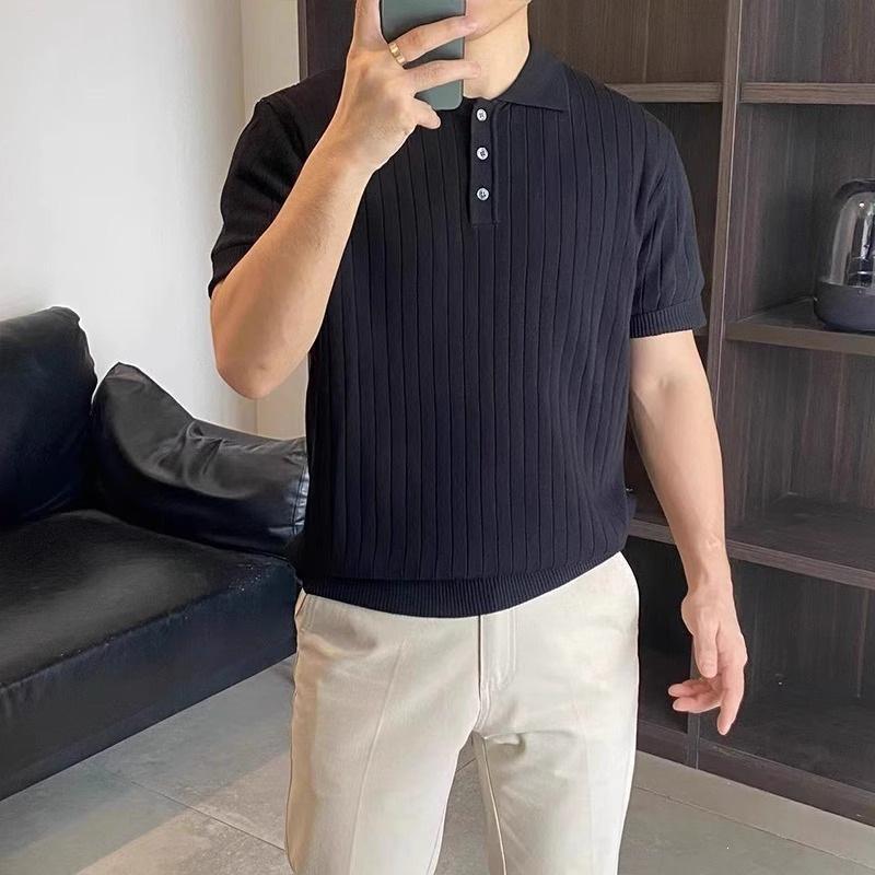 Lapel Knit Short-sleeved Mens Preppy-style Sweater
