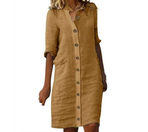 Half-sleeved Shirt Dress Summer V-neck Single-breasted Button Dresses Women's Clothing