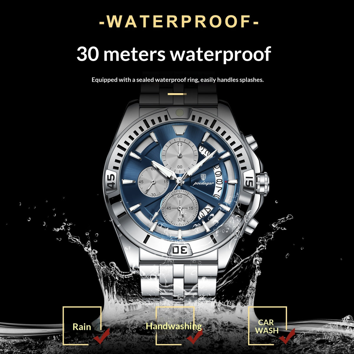 Multifunctional Dual-button Butterfly-clasp Waterproof Mens Watch