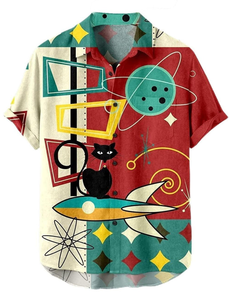 Short-sleeved Lapel-printed Loose-fitting Casual Shirt