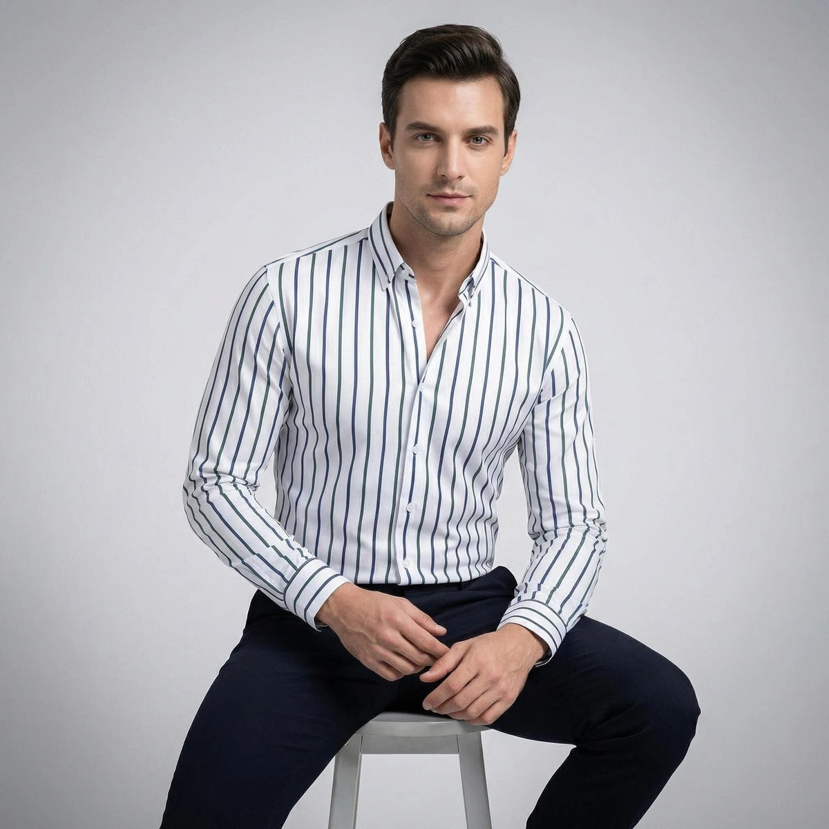 Jiana Four-way Stretch Digital Striped Long-sleeve Collared Men's Shirt, Exclusively For Cross-border Sales, With A High-end Design, Men's Clothing