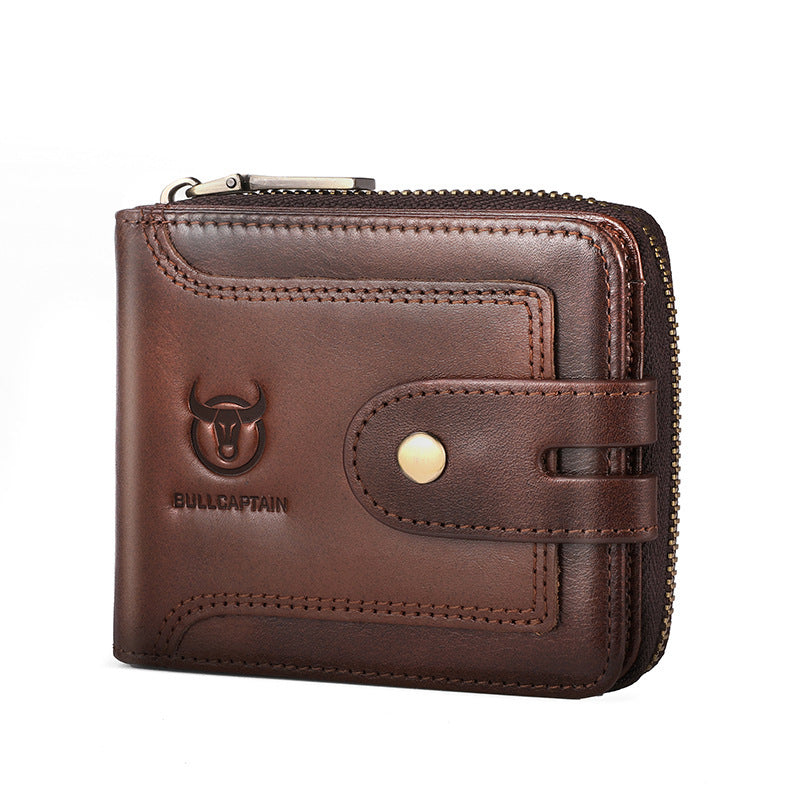 Genuine Leather Mens Multifunctional Short Zipper Wallet