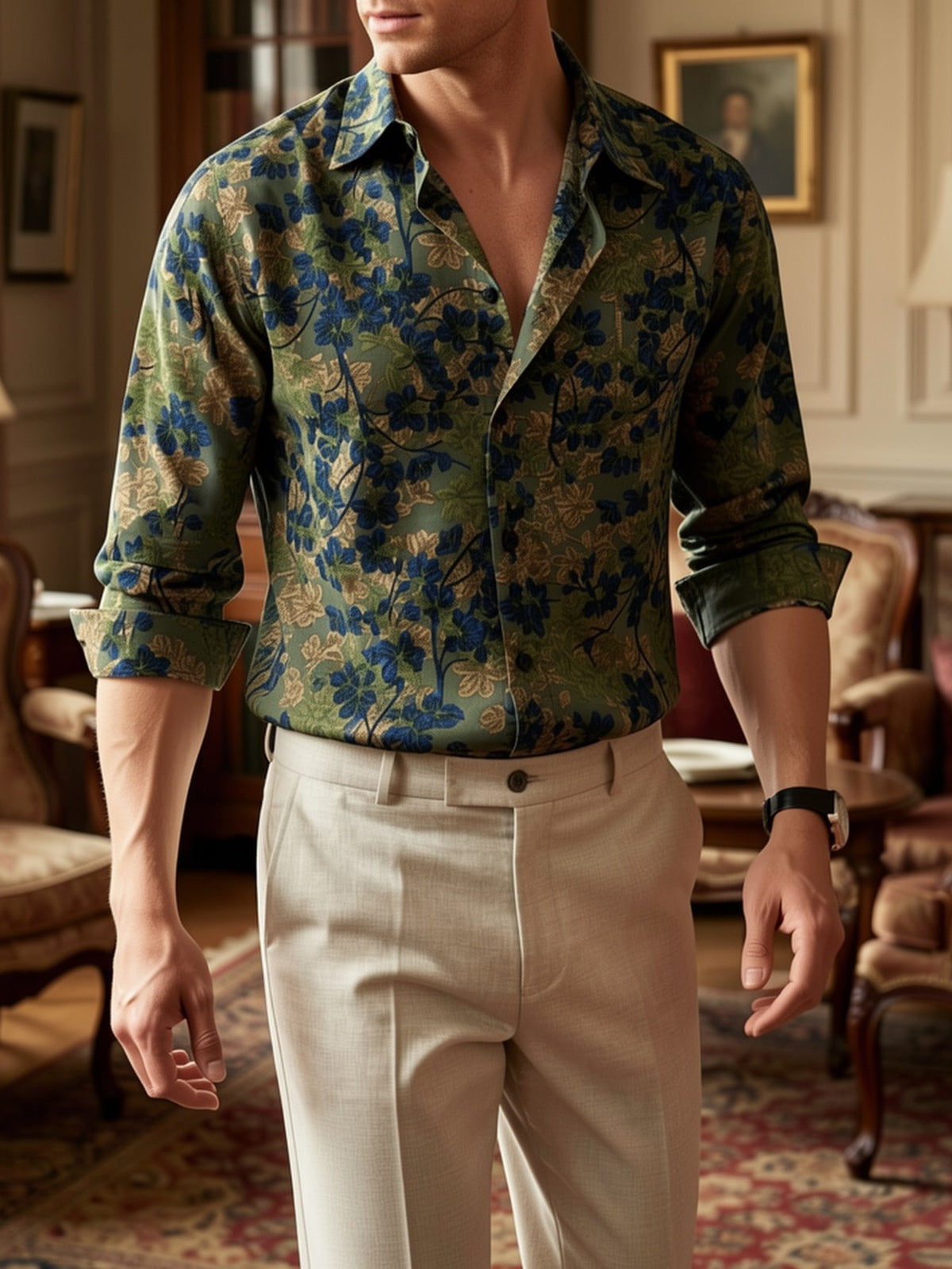 Mens All-over Print Long-sleeve Floral Shirt