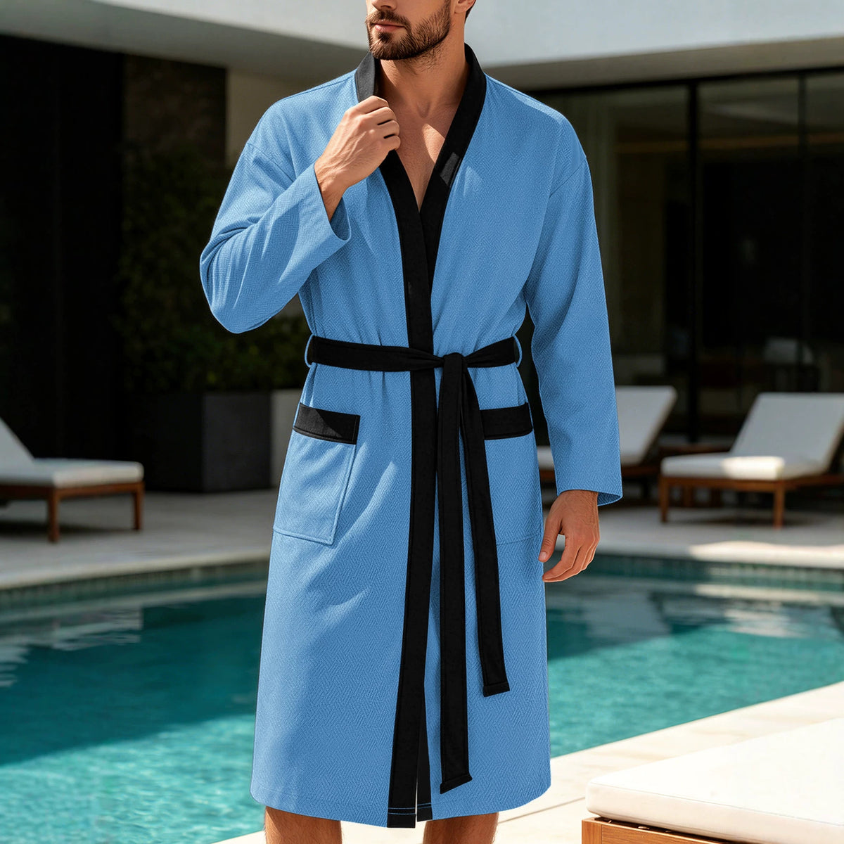 Mens Twill Terry Cloth Casual Long Robe With Two Pockets And Drawstring Tie