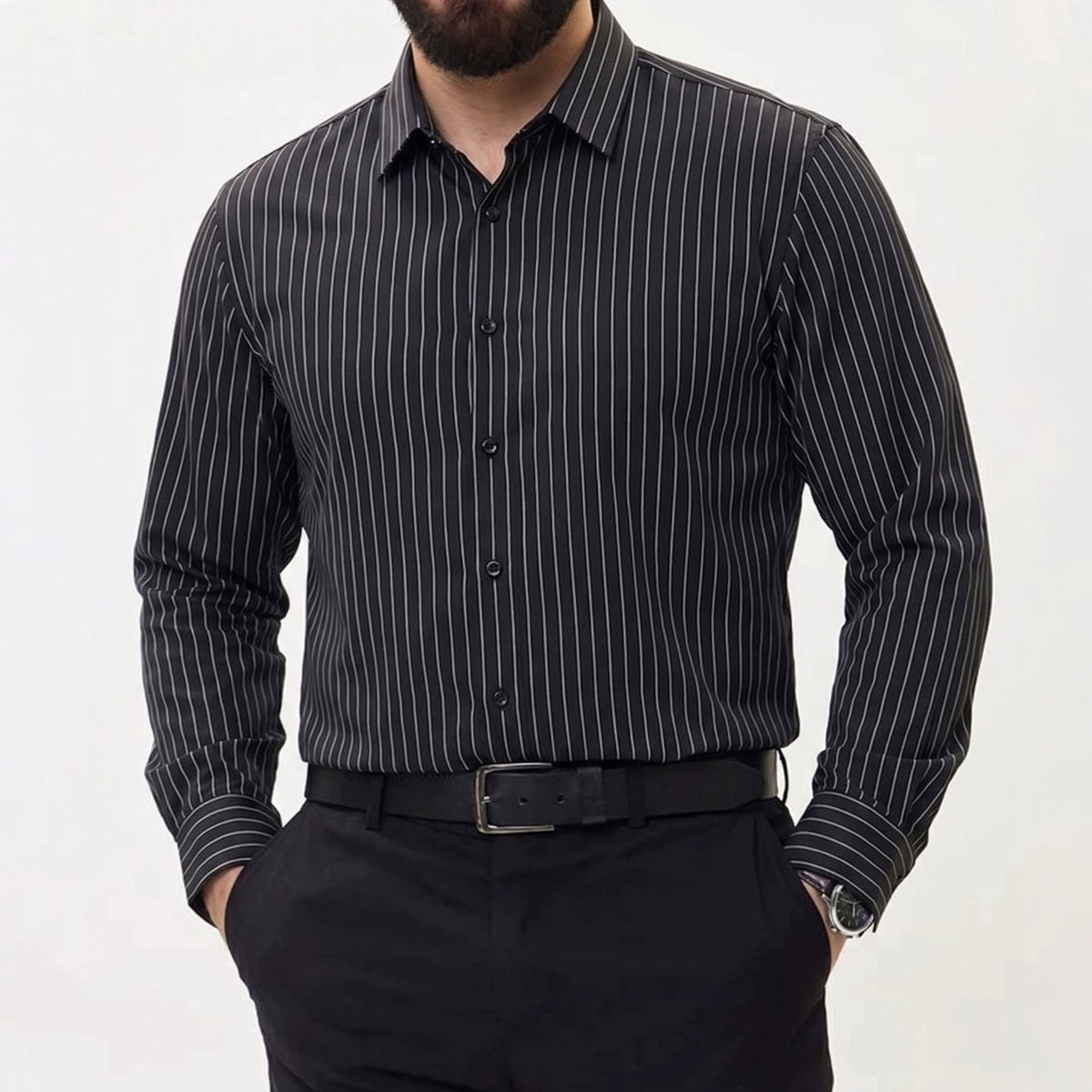 High-elasticity Striped Mens Long-sleeve Shirt