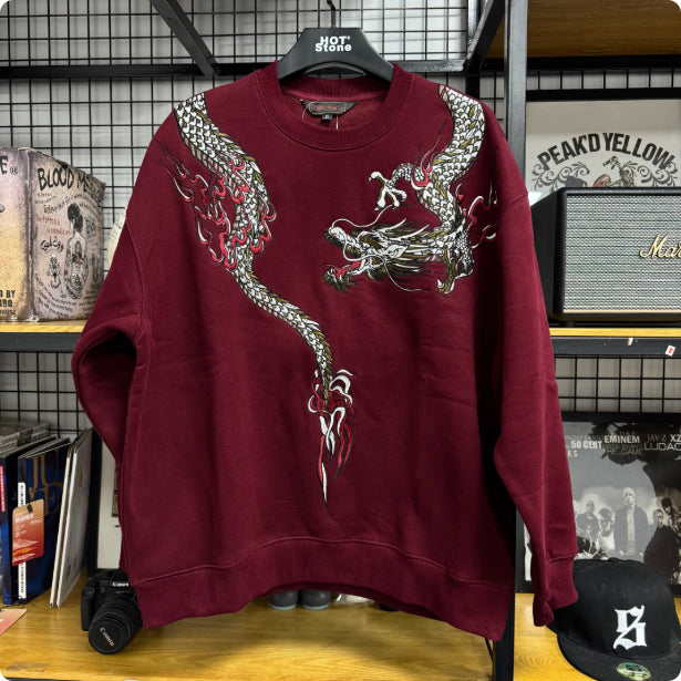 Mens Loose-Fit Sweatshirt With Dragon Embroidery And Round Neck