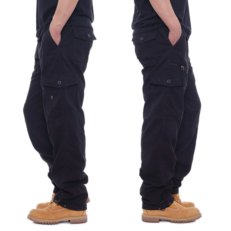 Men's Casual Cotton Work Pants With Elastic Waist, Large Size, Multi-Pocket, Loose Fit, Long Pants For Construction Site