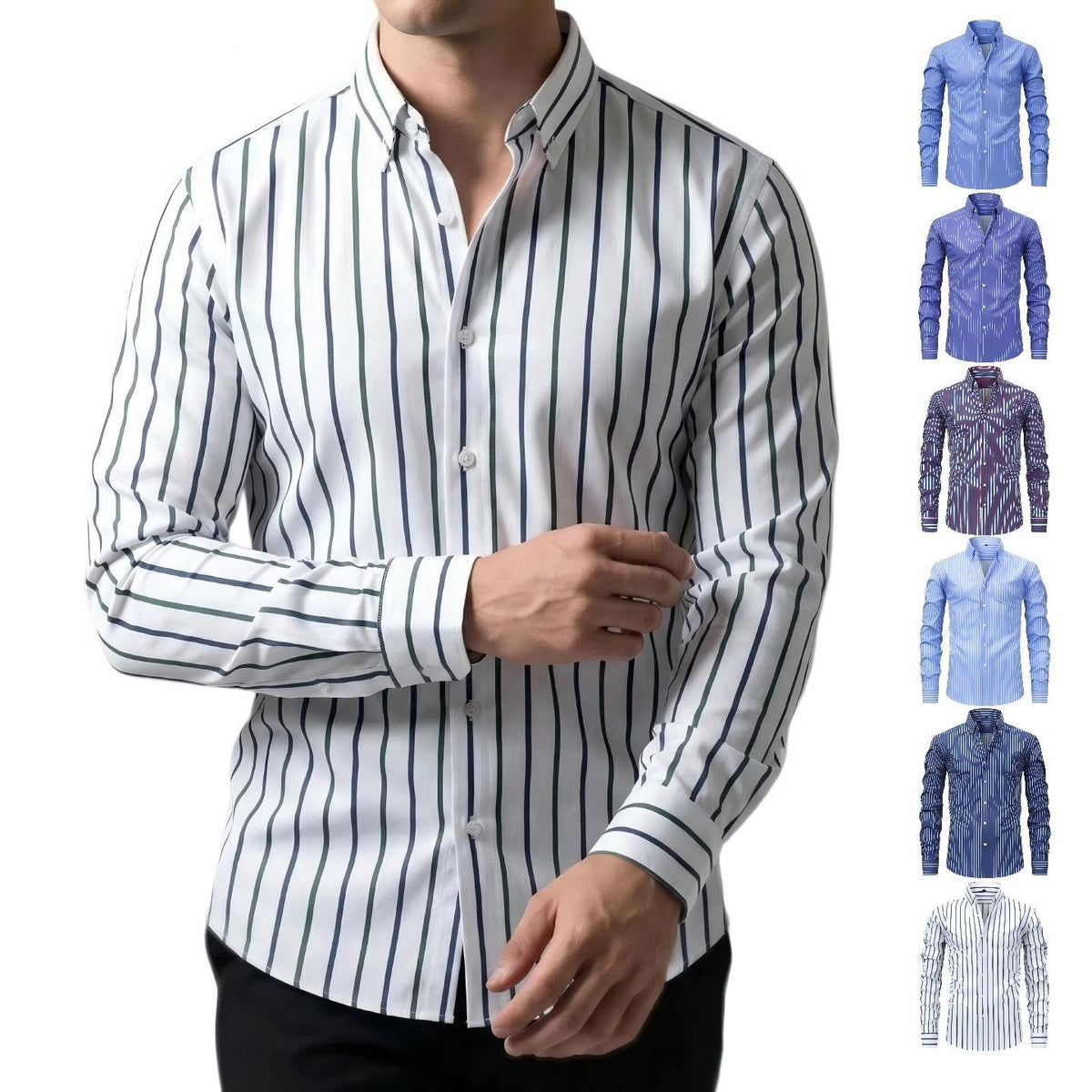 Jiana Four-way Stretch Digital Striped Long-sleeve Collared Men's Shirt, Exclusively For Cross-border Sales, With A High-end Design, Men's Clothing