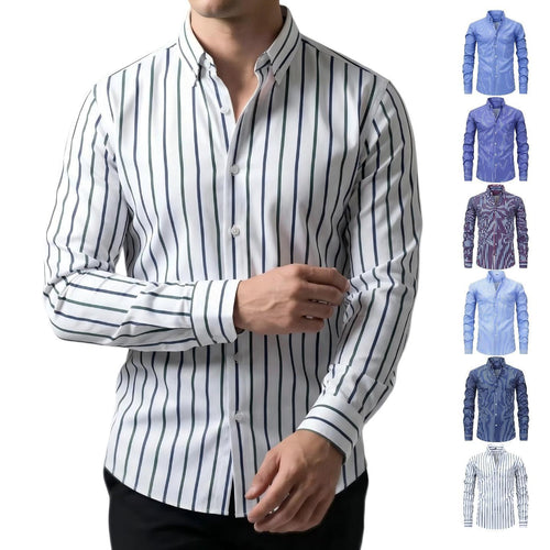 Jiana Four-way Stretch Digital Striped Long-sleeve Collared Men's Shirt, Exclusively For Cross-border Sales, With A High-end Design, Men's Clothing