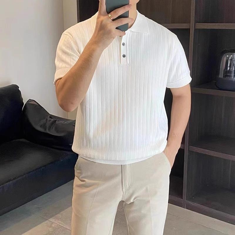 Lapel Knit Short-sleeved Mens Preppy-style Sweater