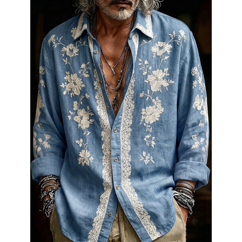 Men's Digital-Print Retro Floral Casual Shirt