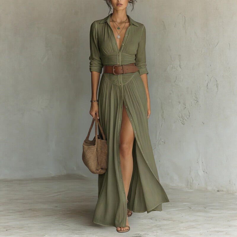 Women's Casual V-Neck Long Dress with High Side Split - Versatile Loose Fit Maxi Gown for Daily Wear
