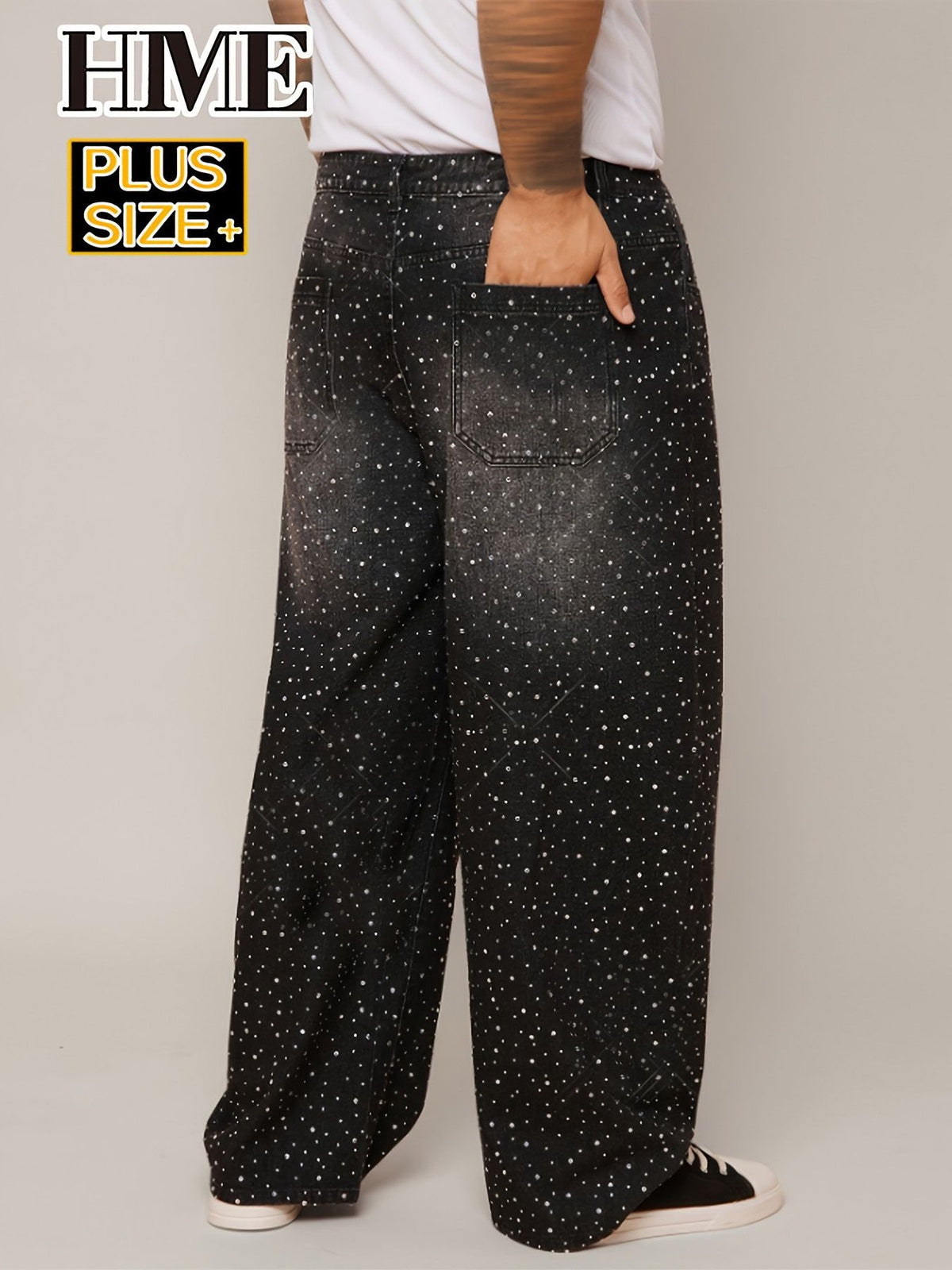 Rhinestone Black Jeans Men Loose Fit Denim Pants Fashion Streetwear Plus Size Big Tall Jeans Ready Stock