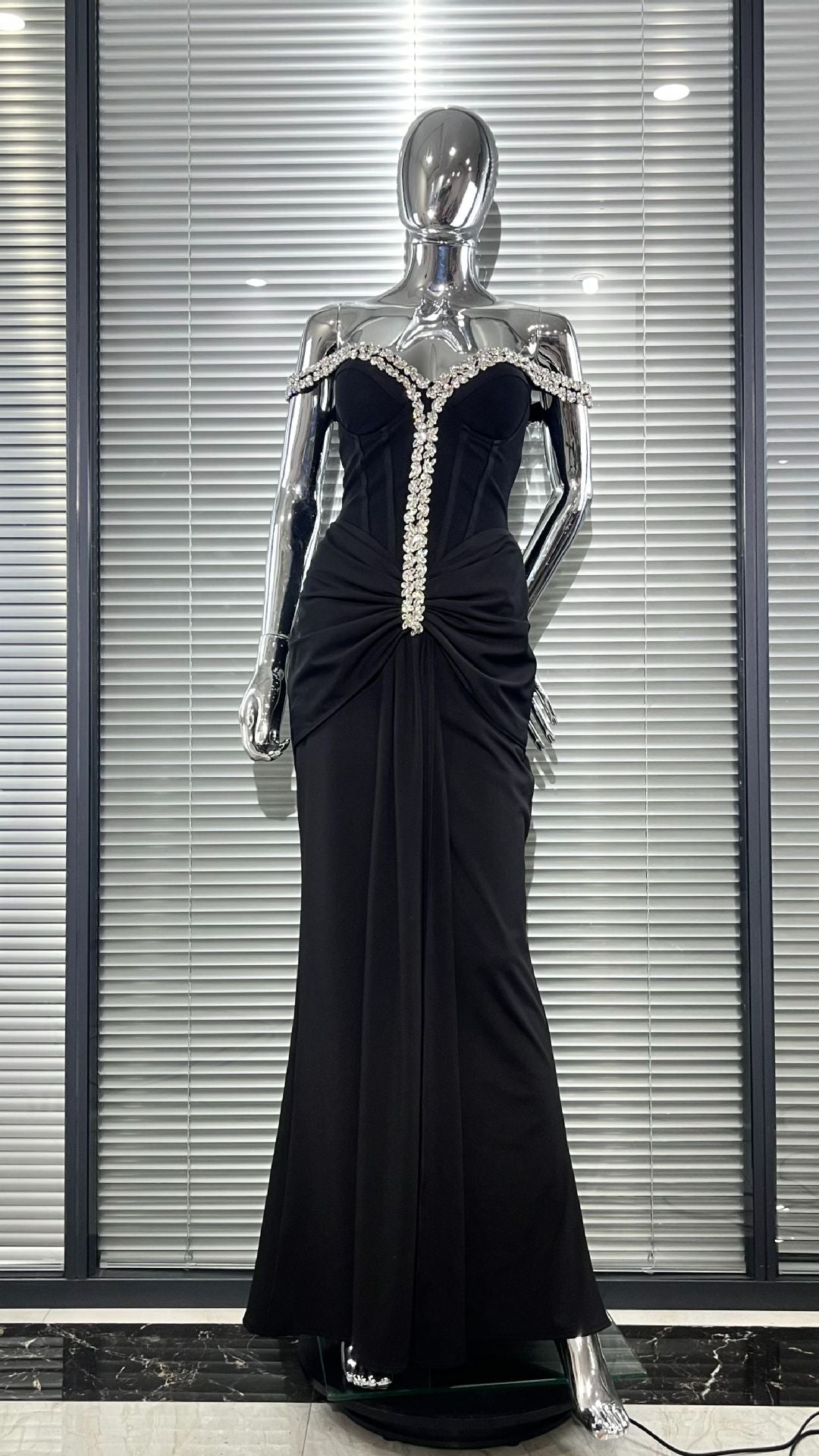 Black Off-The-Shoulder Crystal Beaded Mermaid Evening Gown