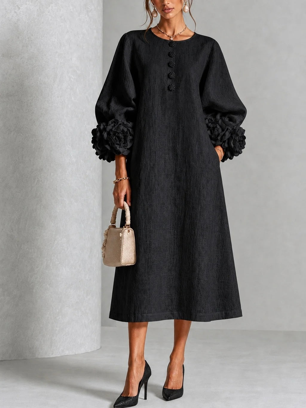 Three-dimensional Floral Dress With Puff Sleeves French-style A-line Party Wedding Dresses Women's Clothing
