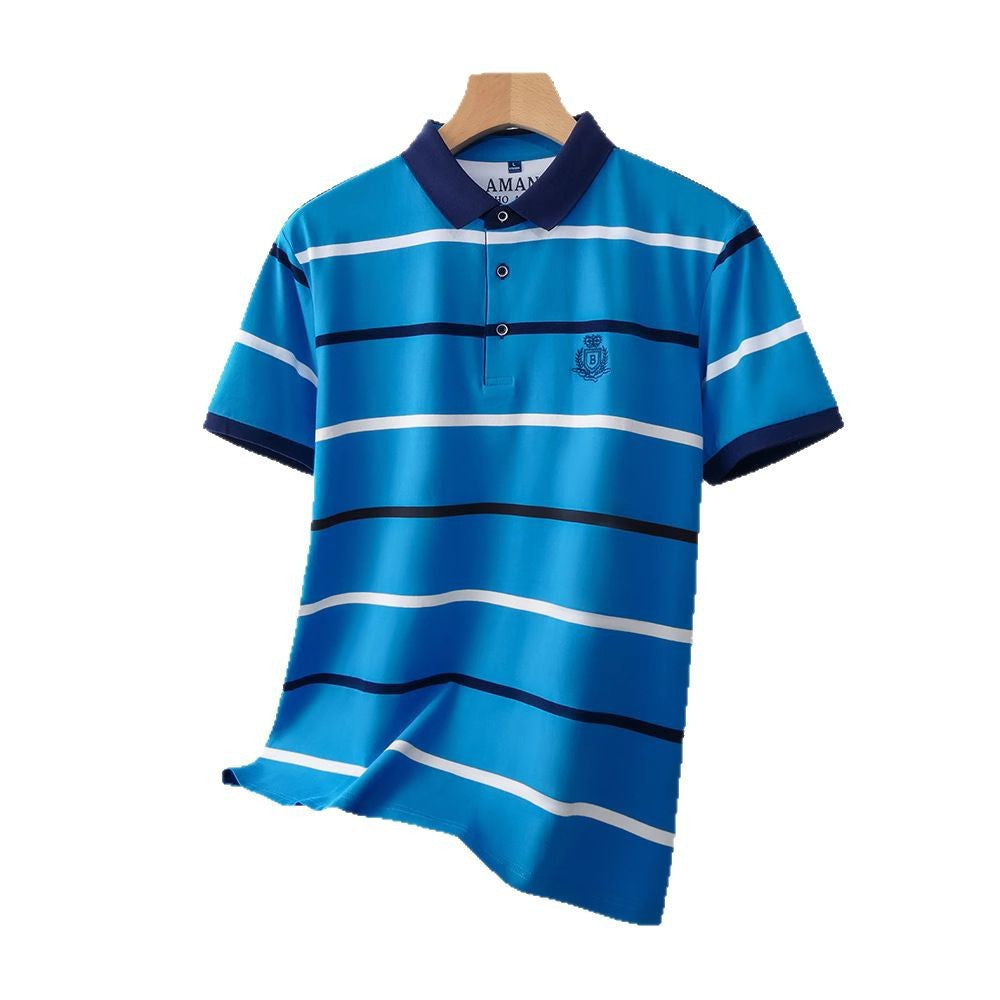 Men's Striped Short Sleeve T-Shirt with Turn-Down Collar - Casual Loose Fit Summer Top for Daily Wear