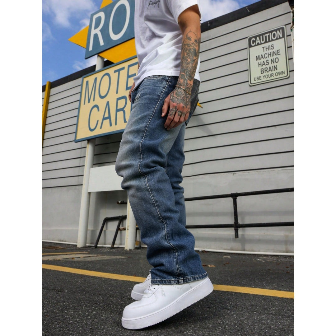 Big And Tall Men's Jeans Relaxed Straight Leg Vintage Blue Washed Plus Size Denim Pants US Warehouse