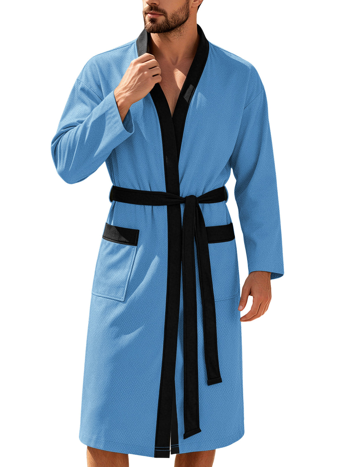 Mens Twill Terry Cloth Casual Long Robe With Two Pockets And Drawstring Tie
