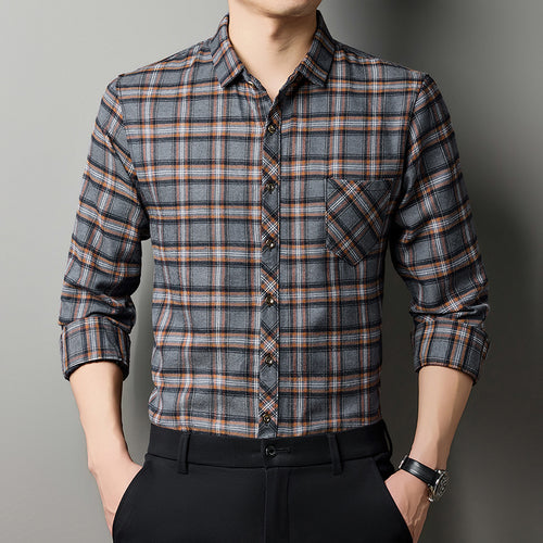 Breathable Fashionable Plaid Long-sleeve Printed Shirt For Middle-aged Men